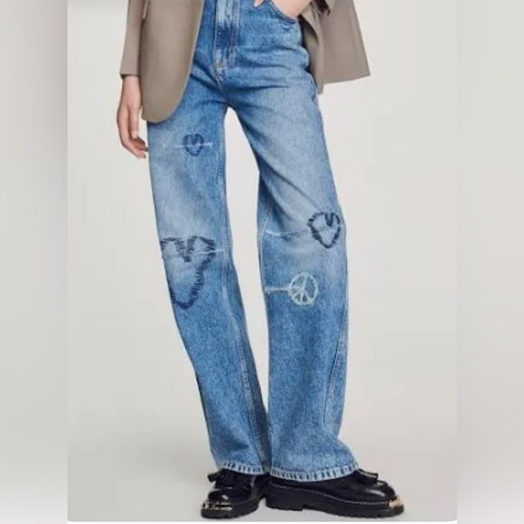 Sandro Blue Heart-Embroidered Straight Leg Jeans - Picture 1 of 11